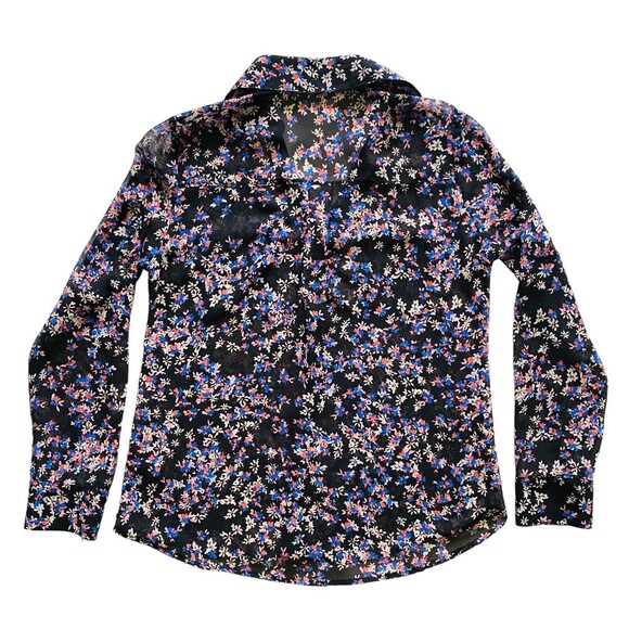 EXPRESS PORTOFINO Button Up Black Sheer Floral Print Top Roll Tab Sleeves Sz S/P - Picture 4 of 10